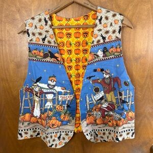 Vintage Homemade Halloween Vest Scarecrow Pumpkin Bat 90s Art Teacher Crow Cat